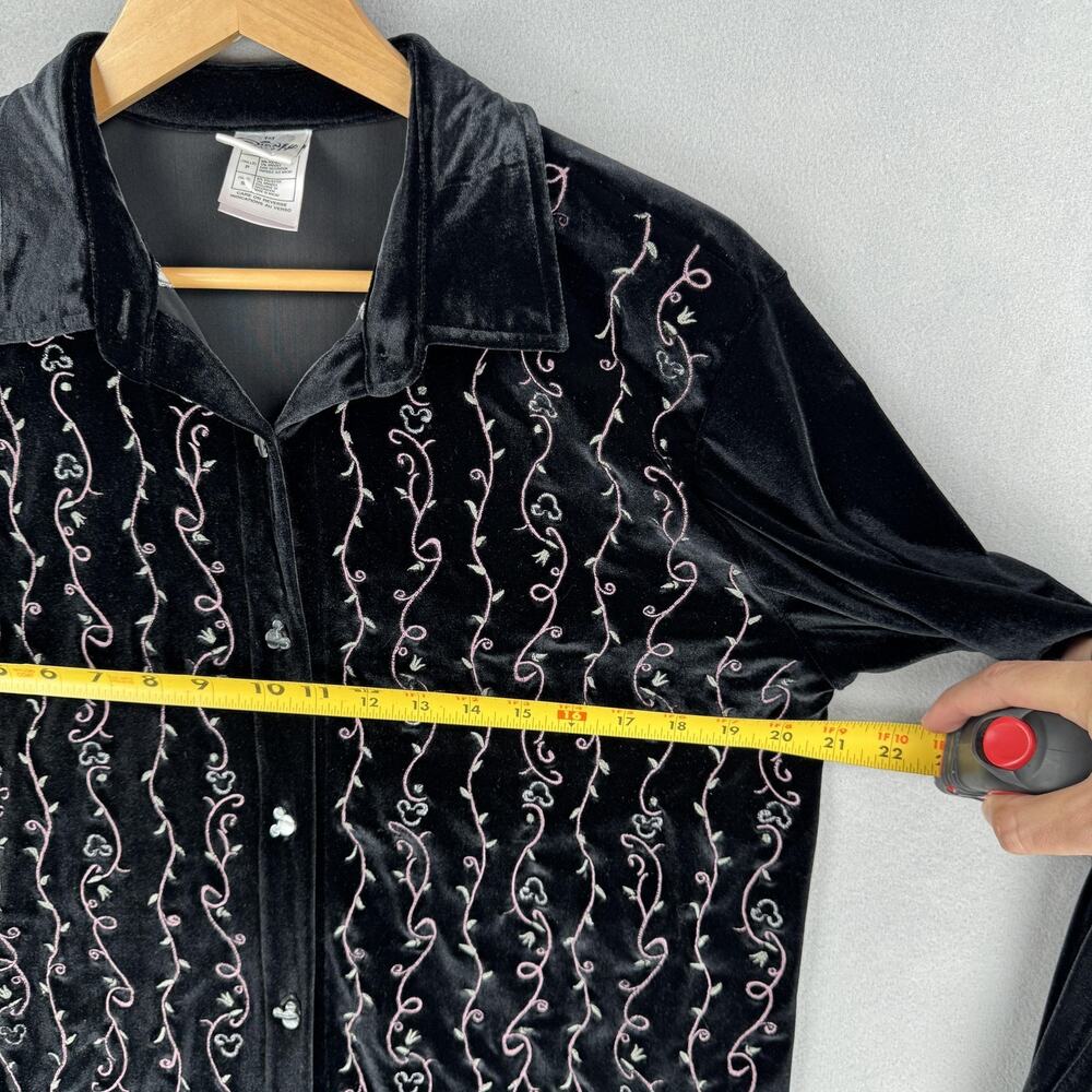 Disney Shirt Womens Small Black Velvet Button Up Embroidered Mickey Mouse Floral - Picture 6 of 8